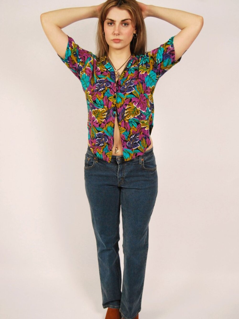 80s Leaf Print Blouse (S) small blue purple vintage womens top collared flowy